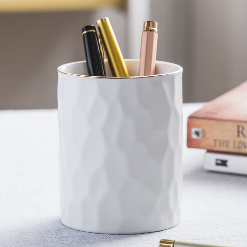 YOSCO Ceramic Aesthetic Pen Holder for Desk Cute White Pencil Holder Cup Pot Desk Organizer Office Supplies - Stylish Office Decor, Makeup Brush Holder,Toothbrush Holder (White) - Image 4